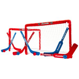 franklin sports nhl kids mini hockey goal set - (2) mini + knee hockey goals, (4) youth sticks, (2) goalie sticks + (4) foam balls - knee + mini hockey set