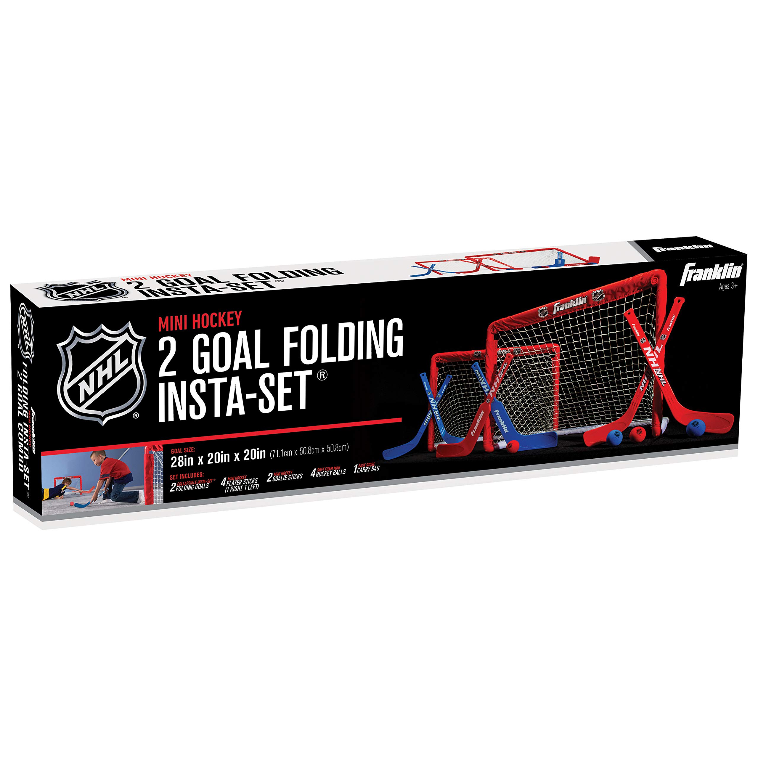 Franklin Sports NHL Kids Mini Hockey Goal Set - (2) Mini + Knee Hockey Goals, (4) Youth Sticks, (2) Goalie Sticks + (4) Foam Balls - Knee + Mini Hockey Set