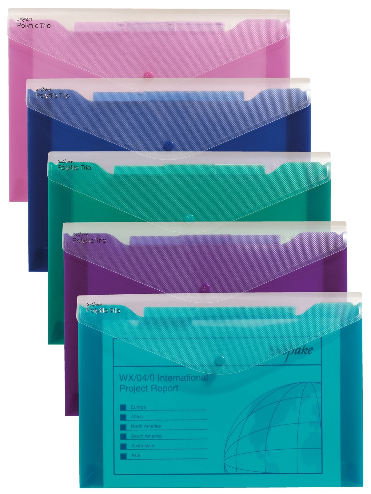 Snopake Foolscap Polyfile Trio Popper Wallet with Indexing System and Press Stud Closure – Electra Assorted [Pack of 5] Ref: 14967