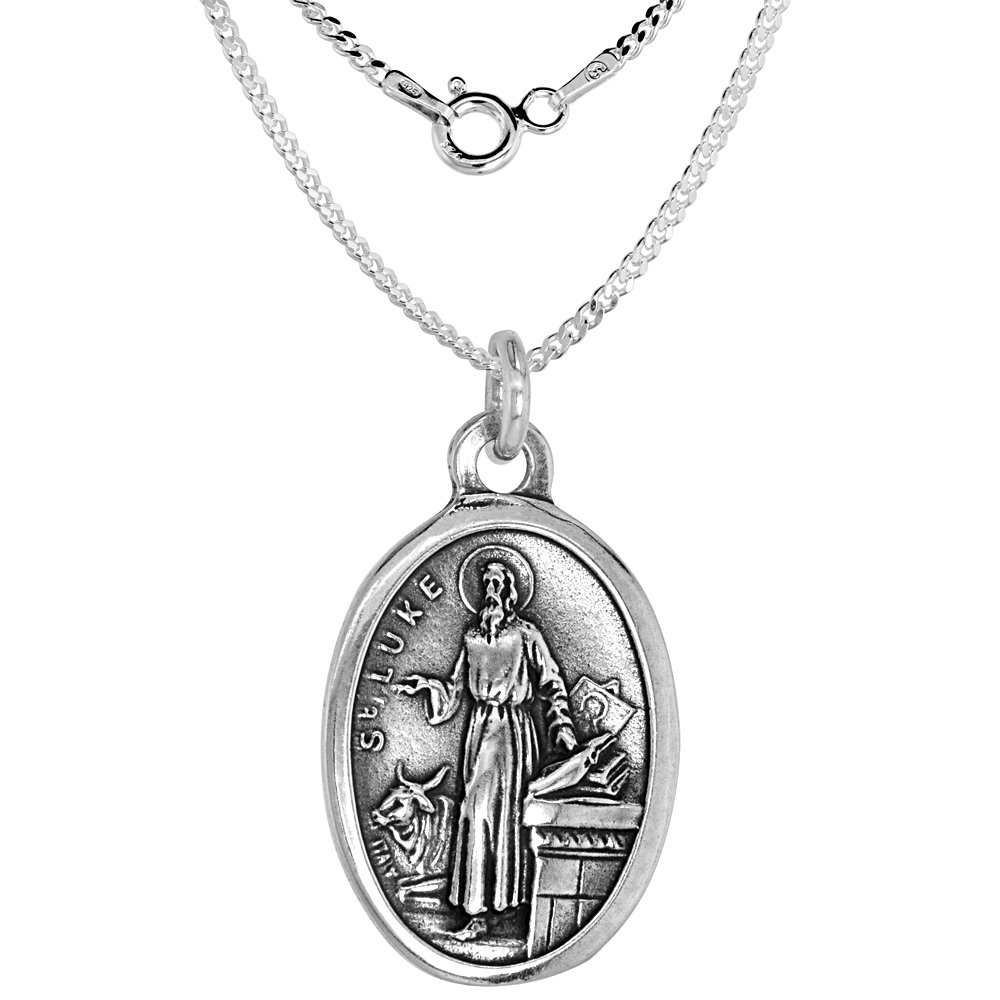 Sterling Silver St Luke Medal Pendant Oxidized finish Oval 1 inch