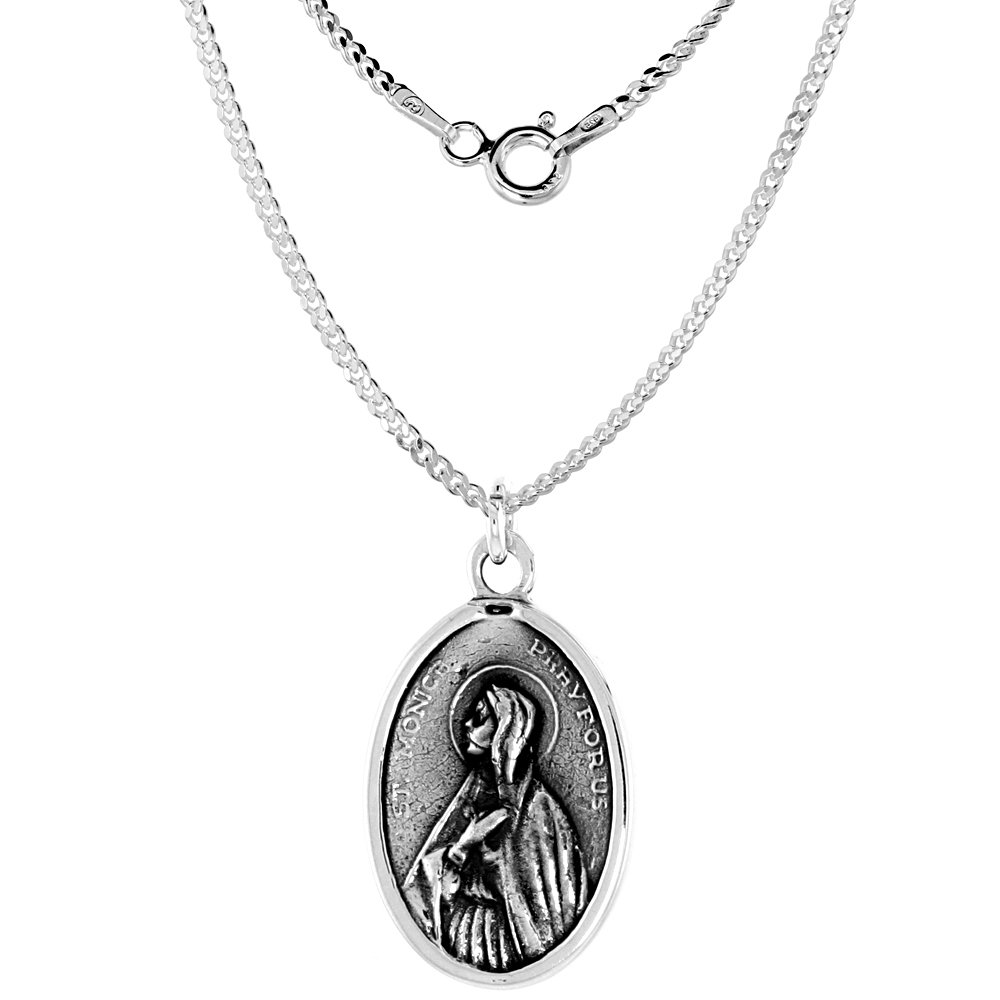 Sterling Silver St Monica and St Augustine Medal Pendant Oxidized finish Oval 1 inch