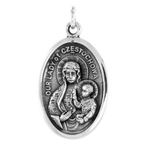 Sterling Silver Our Lady of Czestochowa Medal Pendant Oxidized finish Oval 1 inch