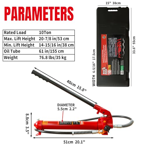 BIG RED 10 Ton Porta Power Kit, 17-pcs Hydraulic Ram Auto Body Frame Repair Kit with Blow Mold Carrying Storage Case, 20,000 lbs Capacity,Red, T71001L Torin