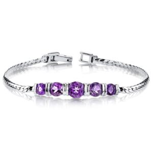 PEORA Amethyst 5-Stone Bracelet for Women 925 Sterling Silver, Natural Gemstone, 3.75 Carats total Round Shape, 7 1/4 inch length