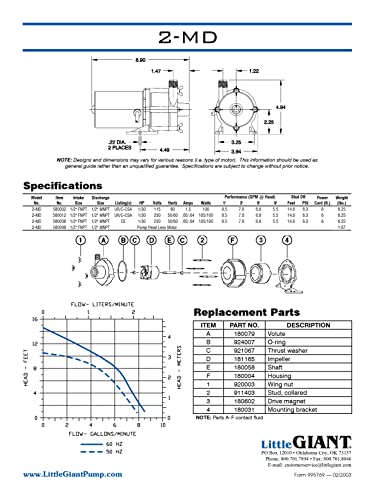 Little Giant 2-MD 1/30 HP 115-Volt, 510 GPH Magnetic Drive Pump, 6-Foot Power Cord, Black, 580002