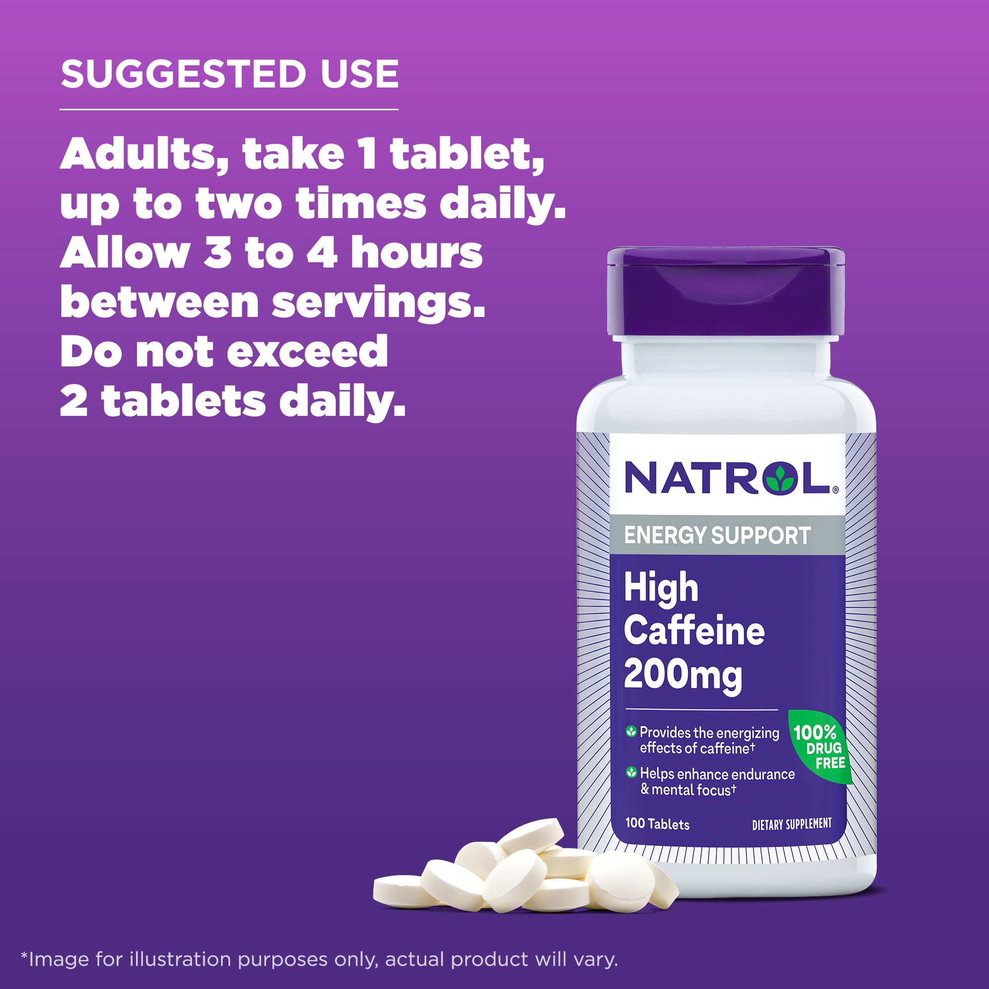 Natrol High Caffeine 200 mg per Serving, Energy Support Supplement for Adults, 100 Tablets, 100 Day Supply