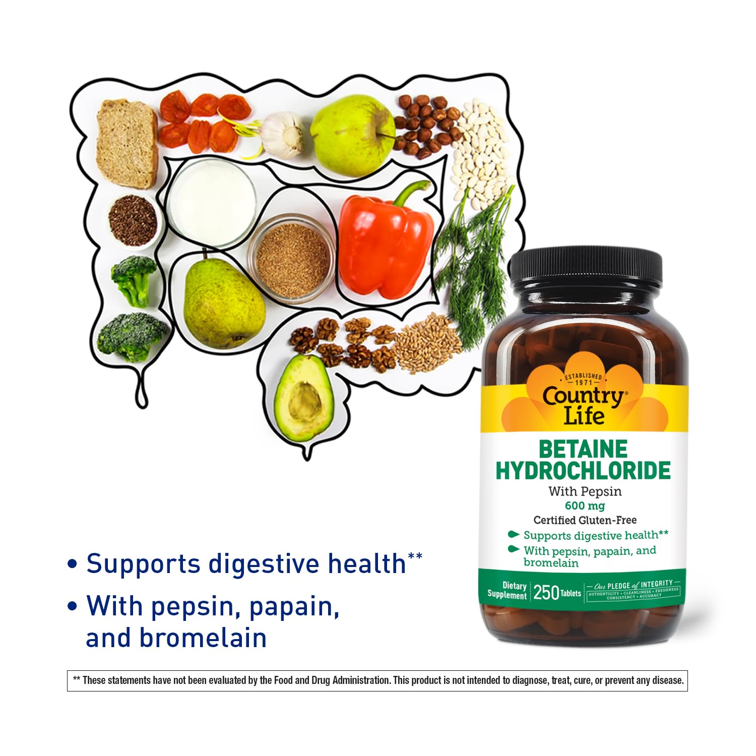 Country Life Betaine Hydrochloride with pepsin 600 mg - 250 Tablets