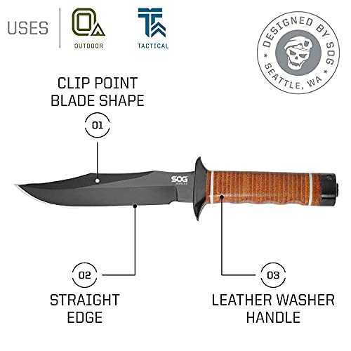 SOG Bowie 2.0 Fixed Blade Knife-Tactical Knife with 6.4 Inch Blade, Hunting Knife with Hard Case TiNi Coating and AUS-8 Steel, Leather Knife Sheath (S1T-L),Brown