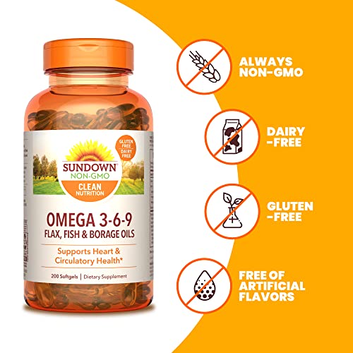 Sundown Omega 3 6 9, with Flax, Fish and Borage Oils, Supports Heart and Circulatory Health, 200 Softgels (Packaging May Vary)