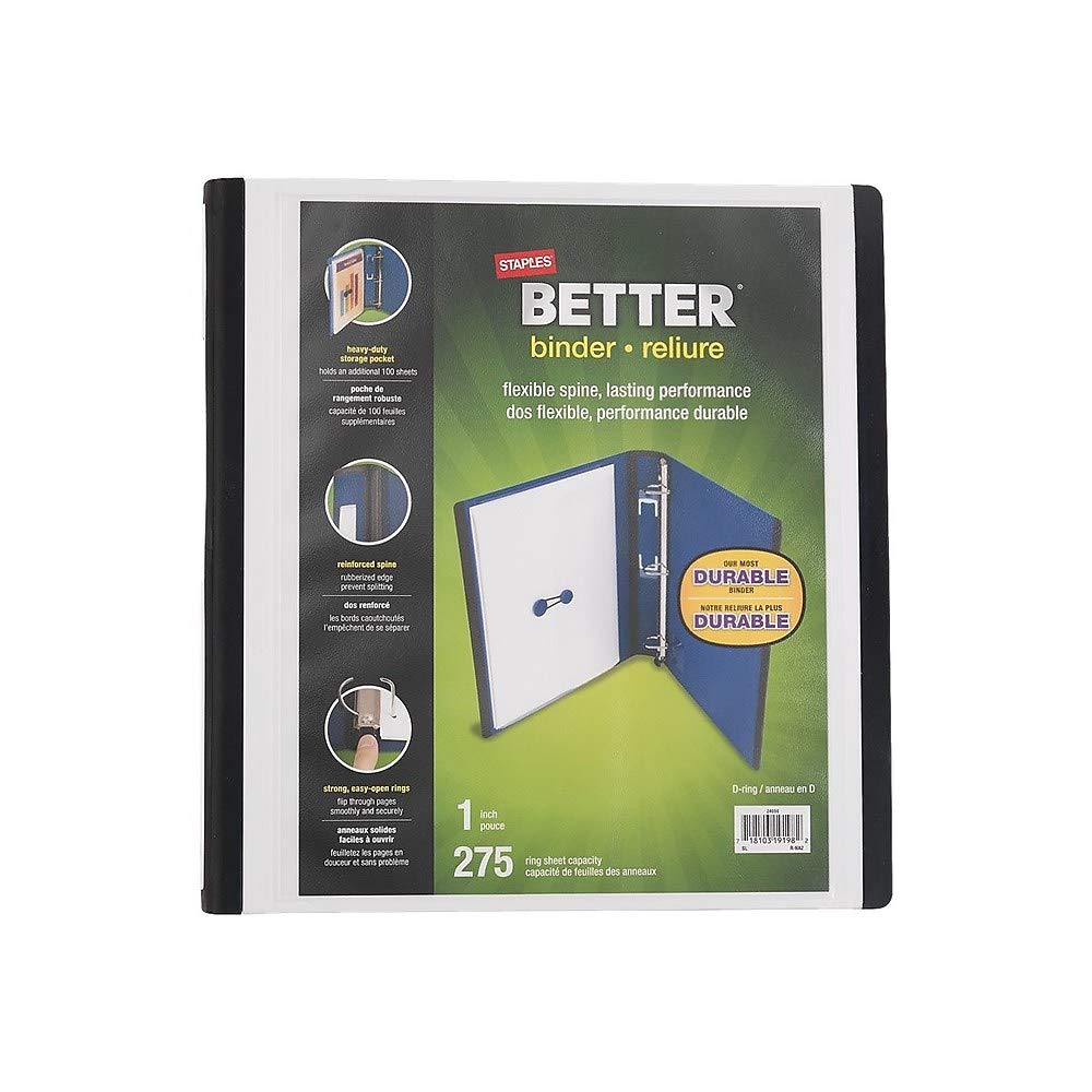 1" STAPLES Better View Binder with D-Rings, White