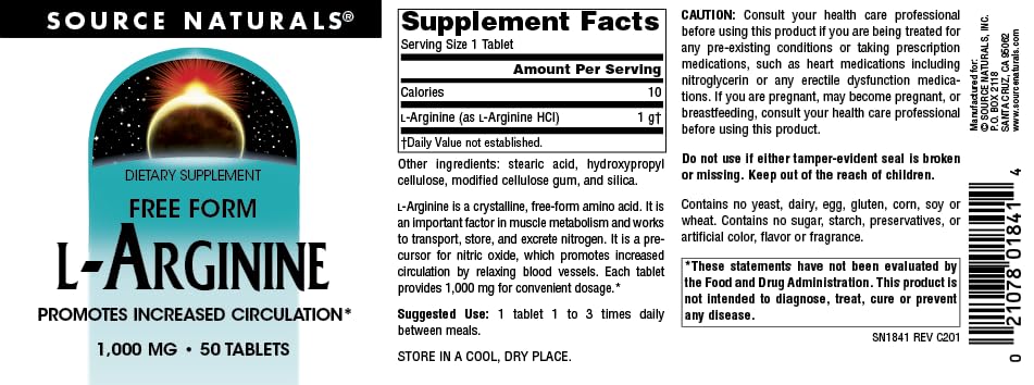 Source Naturals L-Arginine Promotes Increased Ciculation* 1000 mg Free Form - 50 Tablets