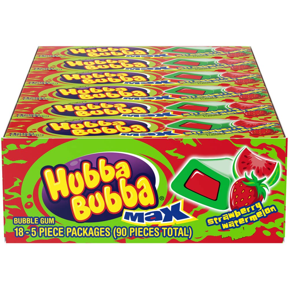 Hubba Bubba Gum (18 Pack) Max Bubble Gum Strawberry Watermelon Flavored Chewing Gum, 5 Piece