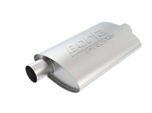 borla 40358 proxs universal performance muffler 2.5" offset inlet / 2.5" center outlet 4" x 9.5" oval x 14" long body 19" overall length un-notched necks reversible design t-304 stainless steel