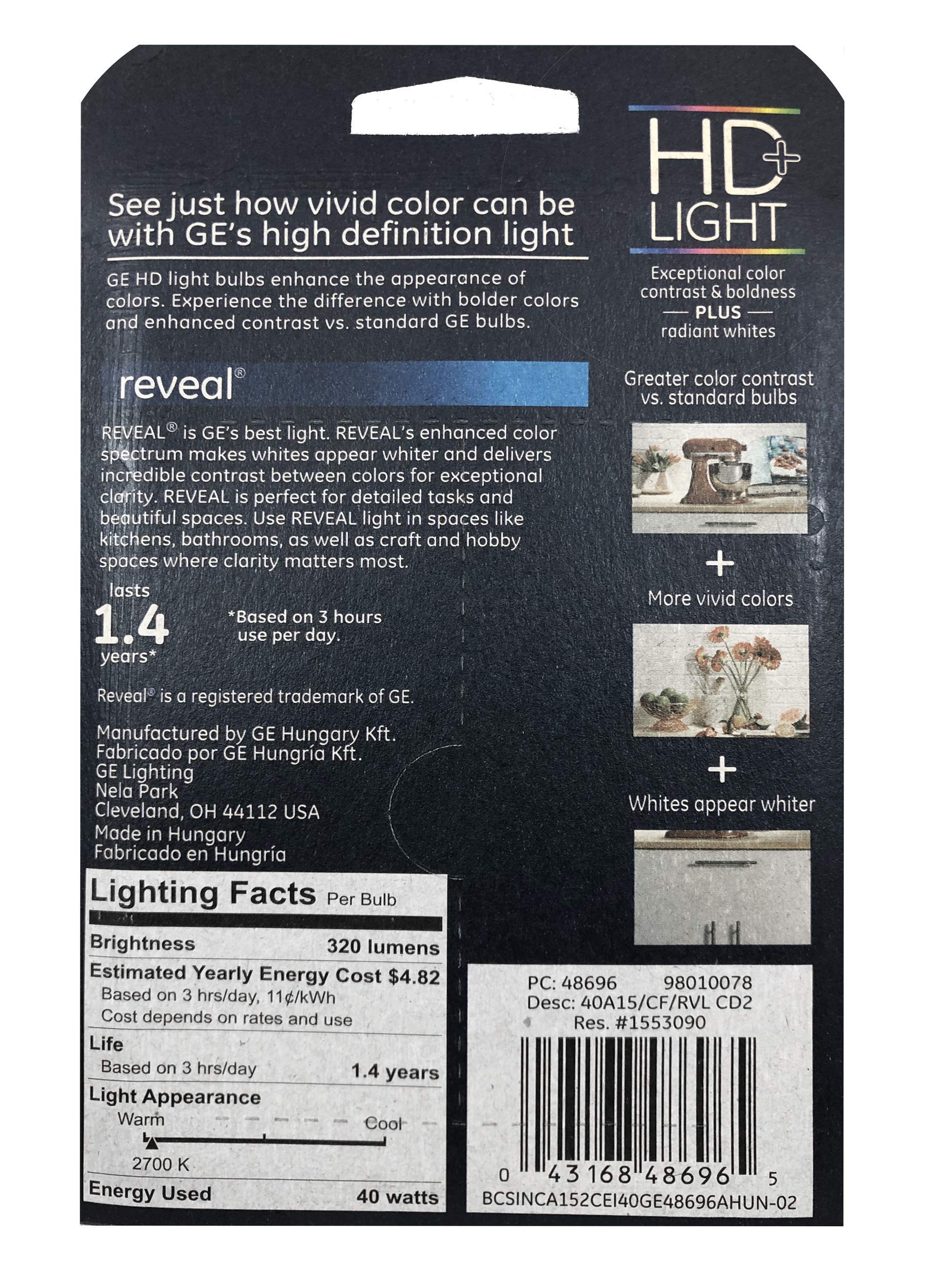 GE Lighting 043168486965 48696 40-Watt Bulbs, Medium Base for Ceiling Fan A15, 2-Pack, 2 Count (Pack of 1), Reveal Clear