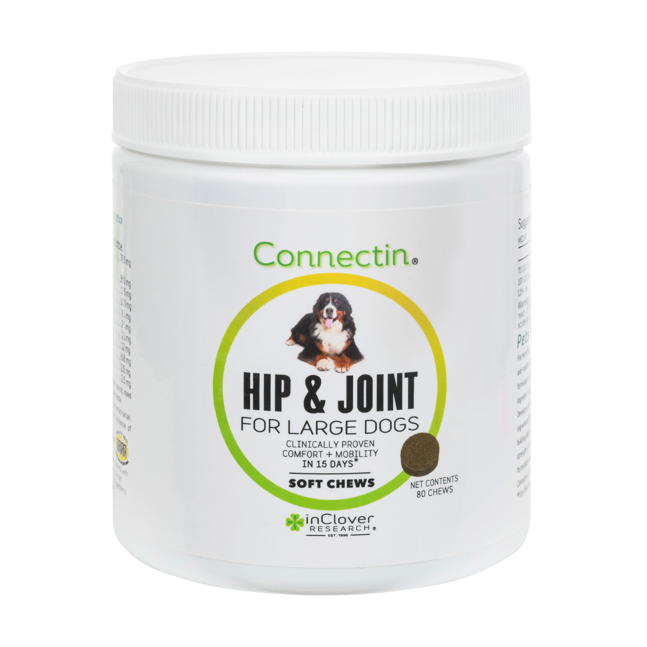 In Clover Connectin Hip and Joint Tablet Supplement for Large Dogs. Combines Glucosamine, Chondroitin and Hyaluronic Acid with Herbs for Comfort and Mobility