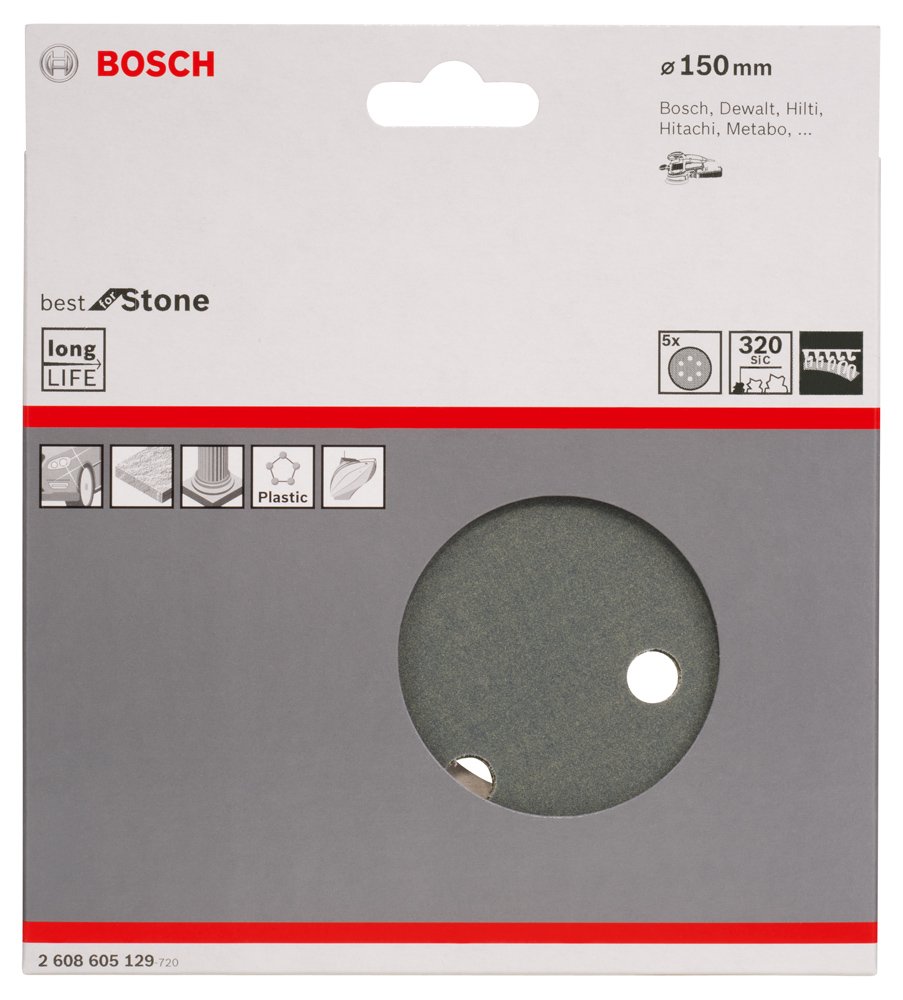 Bosch 2608605129 F355 Sanding Discs for Stone, Velcro Type, 6 Hole, 150mm, P320 Grit, Black, Pack of 5