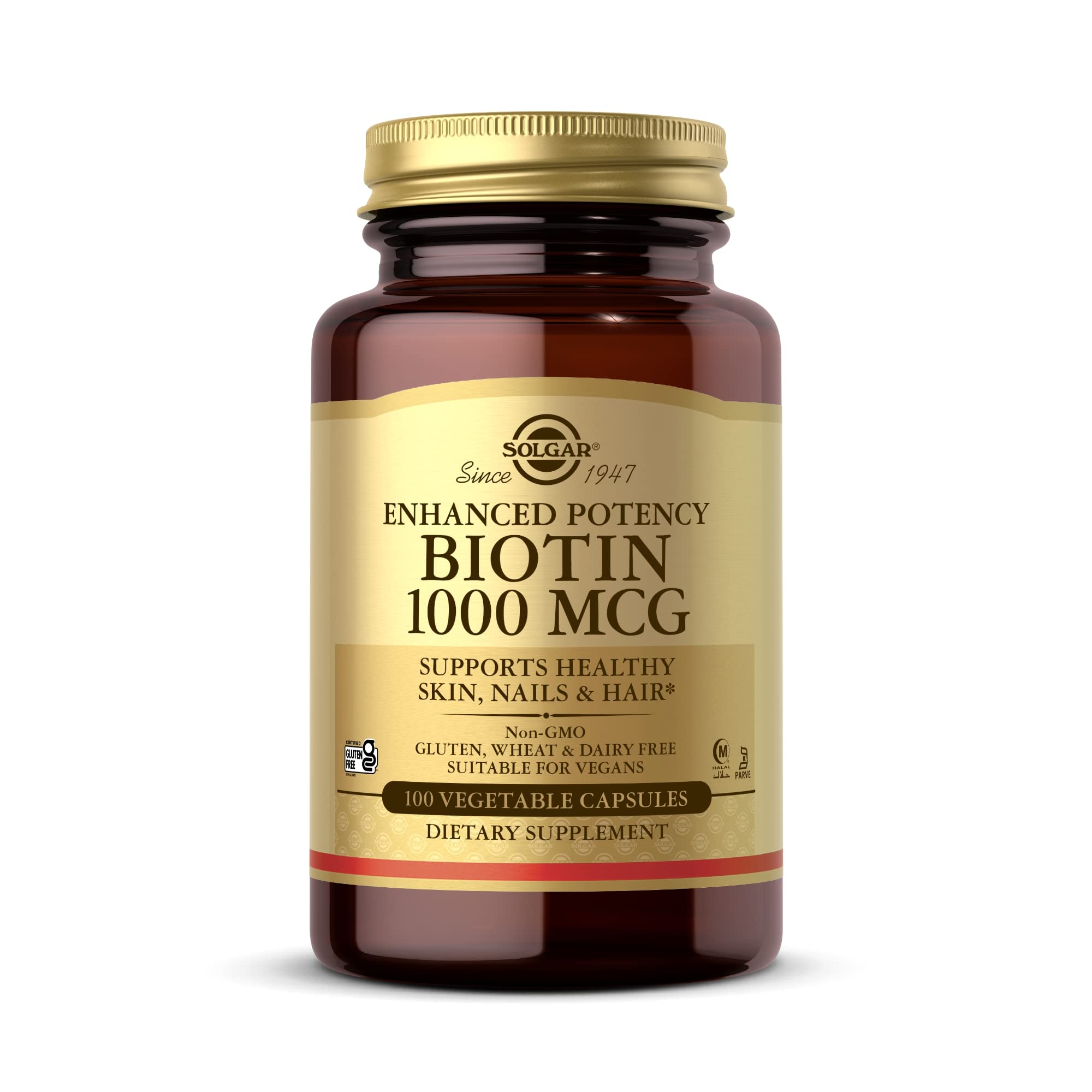 Solgar Biotin 1000 mcg - 100 Vegetable Capsules - Supports Healthy Skin, Nails & Hair - Non-GMO, Vegan, Gluten Free, Dairy Free, Kosher, Halal - 100 Servings