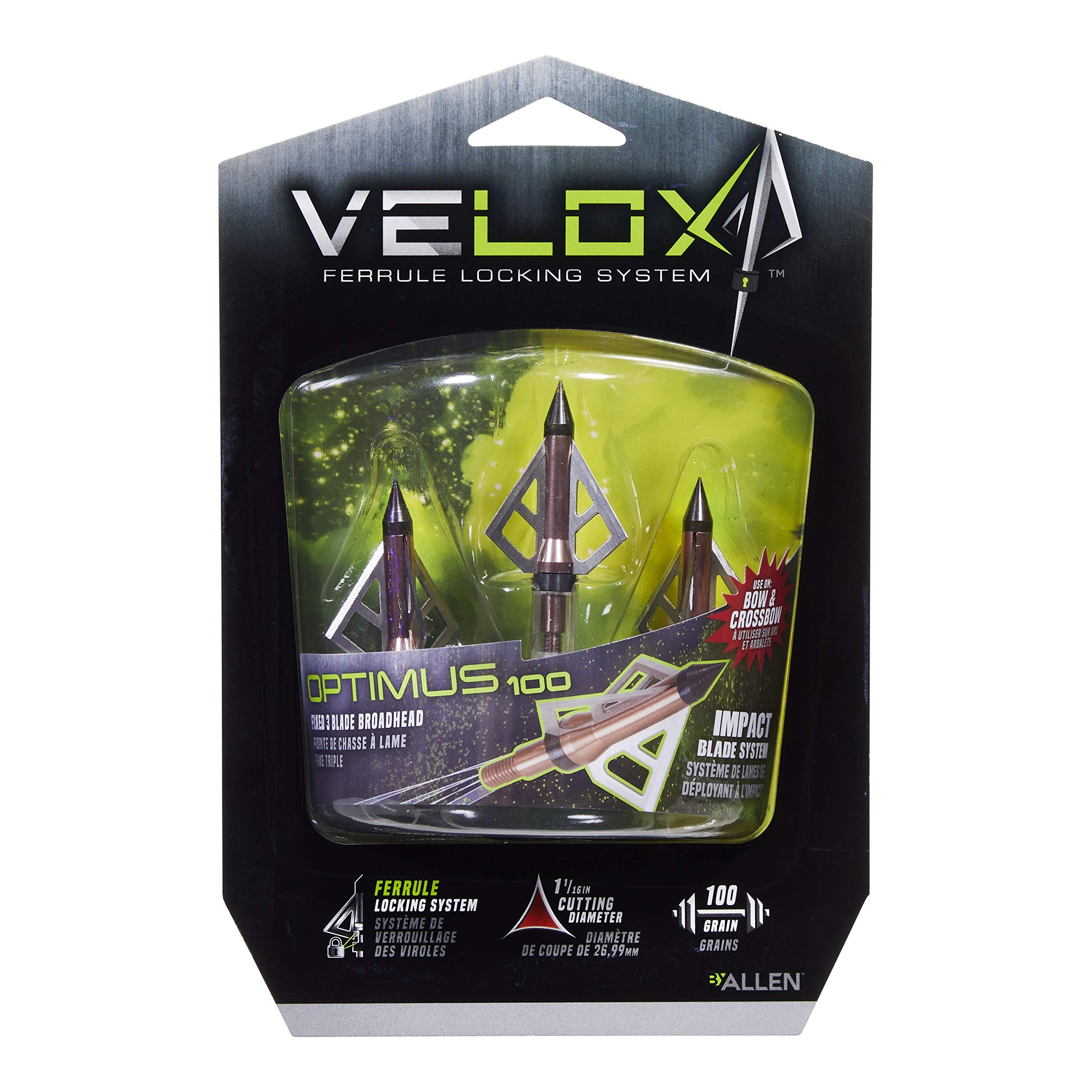 Allen Company Velox Optimus 3-Blade Broadheads - Archery Bow and Crossbow Broadheads - Compound Bow Accessories - 125 or 100 Grain - 3 Pack