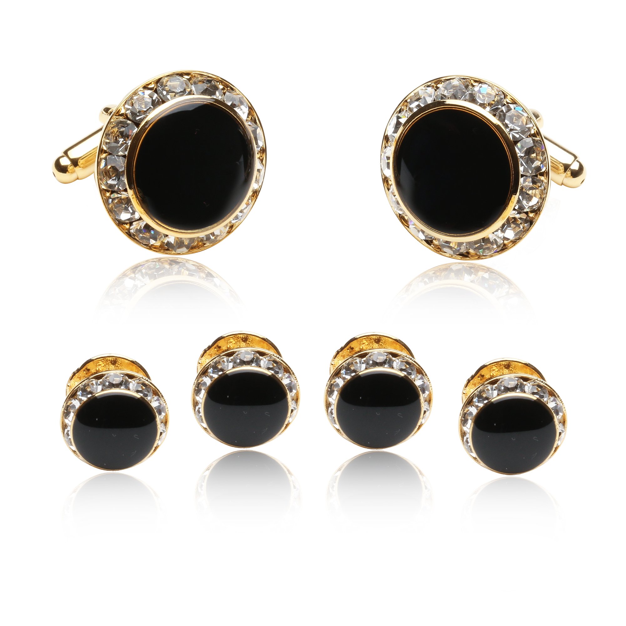 Black and Gold Crystal Cufflinks and Studs Formal Set - 3/4" cufflinks and 3/8" studs Crystal Cufflinks and Studs with Protective Travel Idea Box for Weddings - Gold and Black Cufflinks Studs for Tux