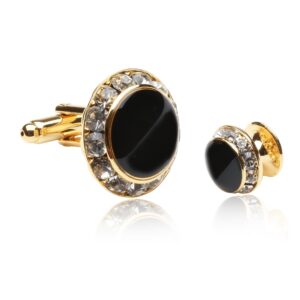 Black and Gold Crystal Cufflinks and Studs Formal Set - 3/4" cufflinks and 3/8" studs Crystal Cufflinks and Studs with Protective Travel Idea Box for Weddings - Gold and Black Cufflinks Studs for Tux