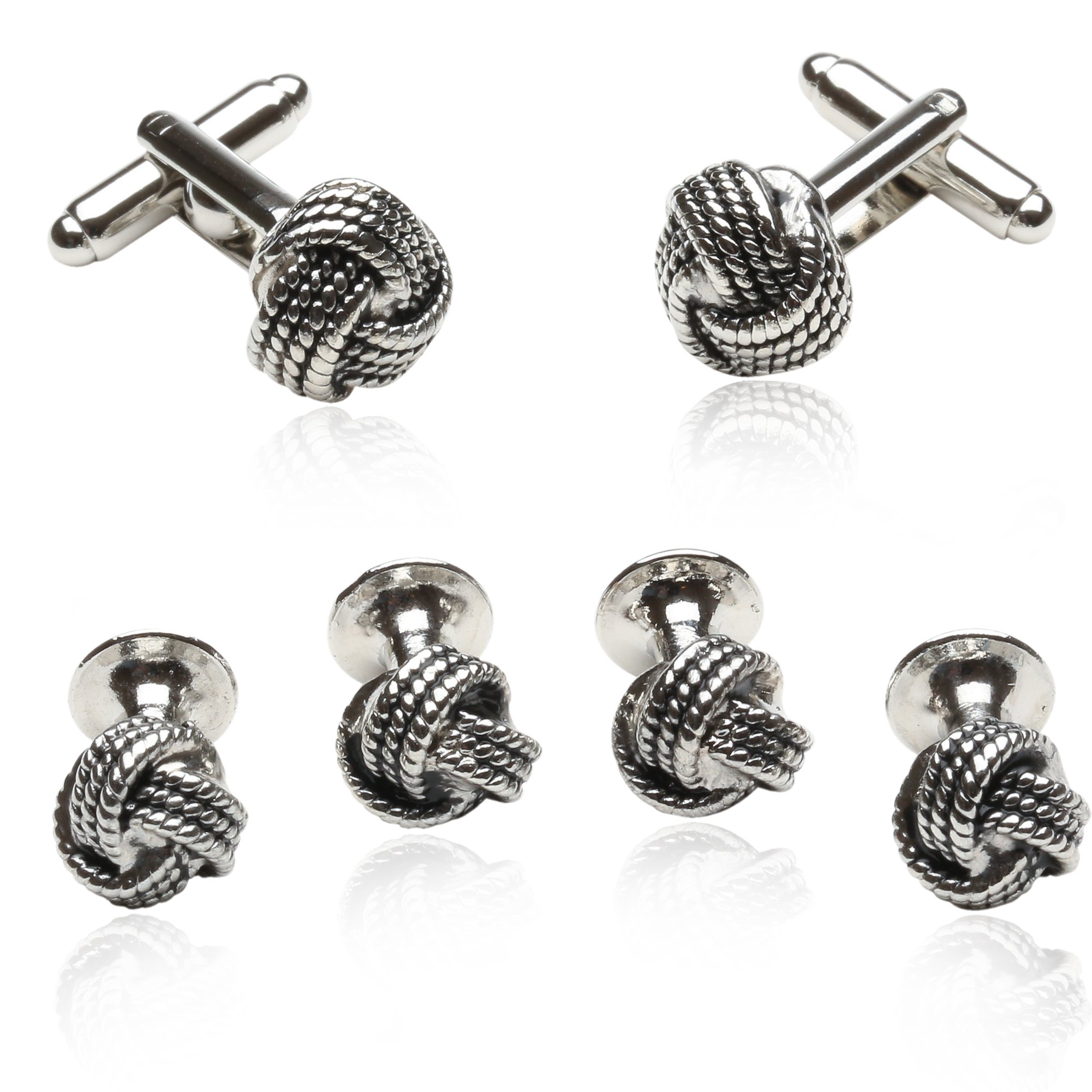 Classic Woven Silver Knot Tuxedo Cufflink and Stud Set Formal Set with Presentation Box Groom Groomsmen Wedding