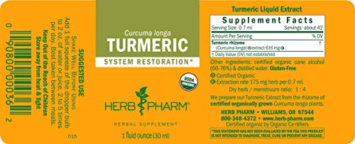 Herb Pharm Certified Organic Turmeric Root Extract for Musculoskeletal System Support - 1 Ounce (DTURM01)