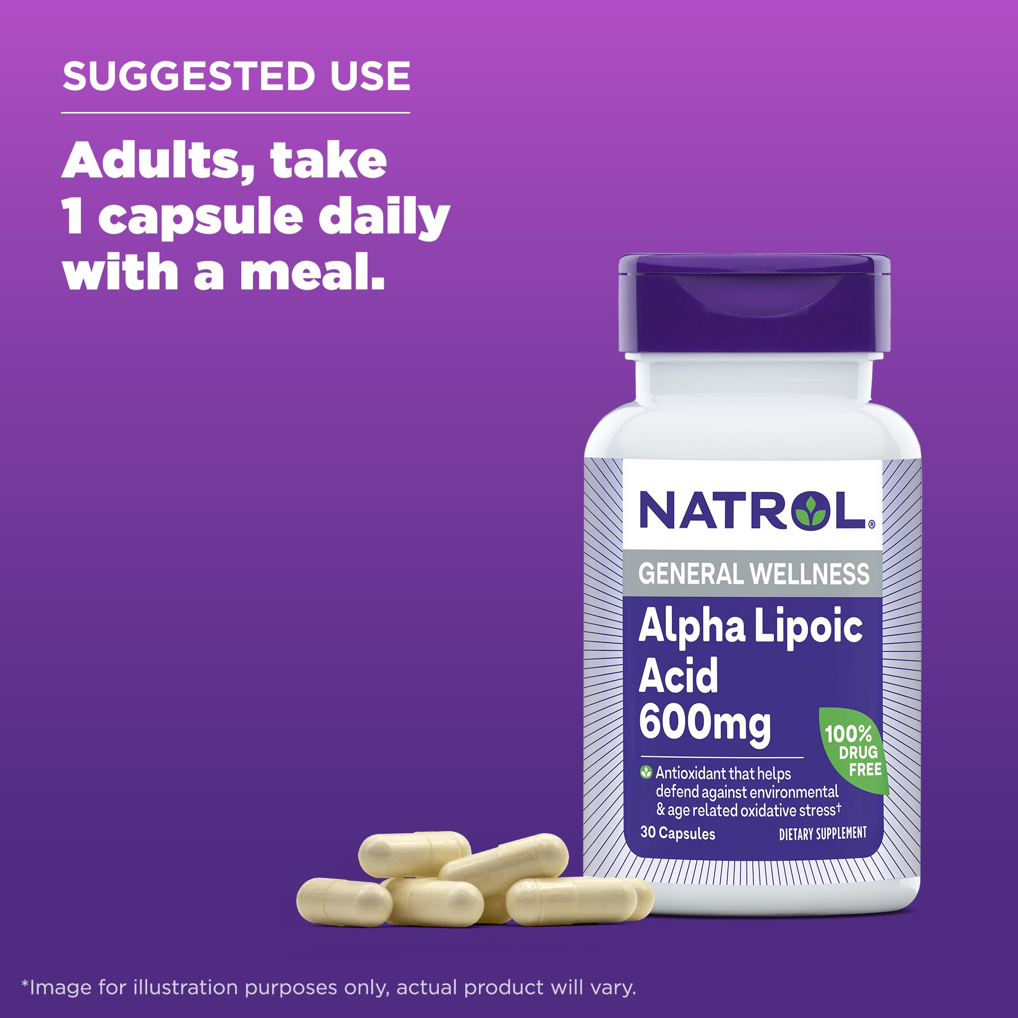 Natrol Alpha Lipoic Acid 600 mg, Dietary Supplement for General Wellness, 30 Capsules, 30 Day Supply