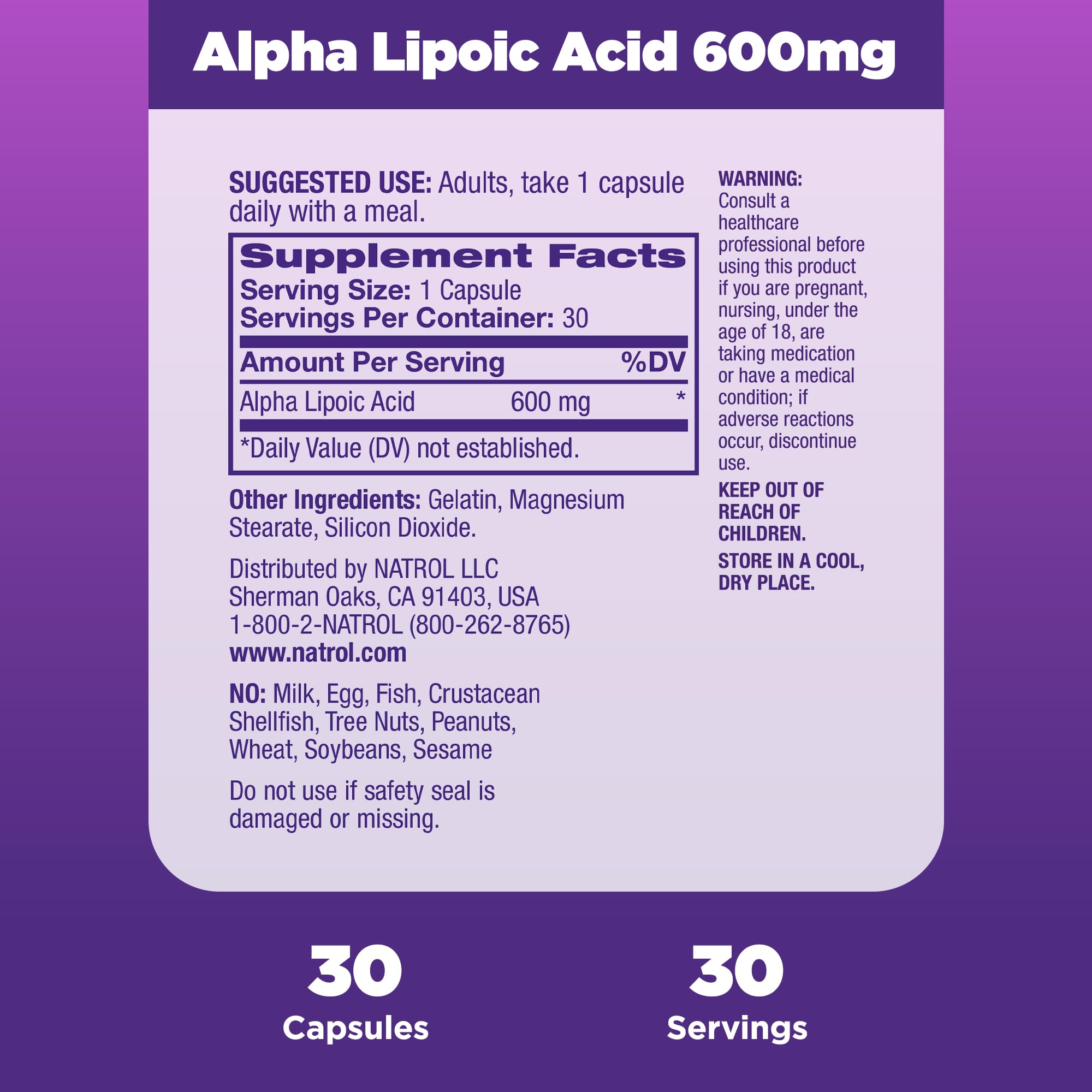 Natrol Alpha Lipoic Acid 600 mg, Dietary Supplement for General Wellness, 30 Capsules, 30 Day Supply