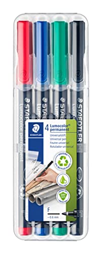 Staedtler 318-WP4 Lumocolor Permanent Universal Pens, Fine Point, 0.6mm, Assorted, 4 per Set