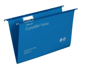 rexel foolscap heavy duty suspension files with tabs and inserts for filing cabinets, 15 mm base, polypropylene, blue, crystalfile extra, pack of 25, 70630