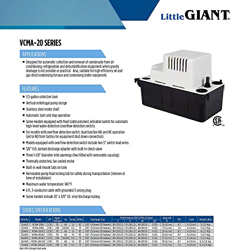 Little Giant 554425 VCMA-20ULS 80 GPH 1/30 HP Automatic Condensate Pump with Safety Switch for HVAC, Dehumidifier, Furnace, Air Conditioner