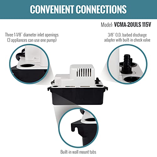 Little Giant 554425 VCMA-20ULS 80 GPH 1/30 HP Automatic Condensate Pump with Safety Switch for HVAC, Dehumidifier, Furnace, Air Conditioner