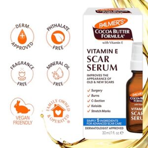 Palmer's Cocoa Butter Formula Scar Serum, Skin Brightening Oil for Face & Body, Concentrated Serum with Vitamin E, Fragrance Free, 1 Fl Oz