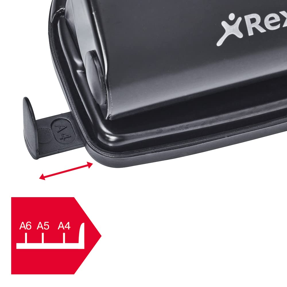 Rexel V412 4 Hole Punch, 12 Sheet Capacity, Adjustable Guide Bar, Metal, Black, 8309