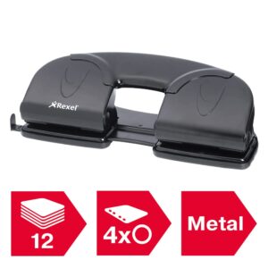 Rexel V412 4 Hole Punch, 12 Sheet Capacity, Adjustable Guide Bar, Metal, Black, 8309