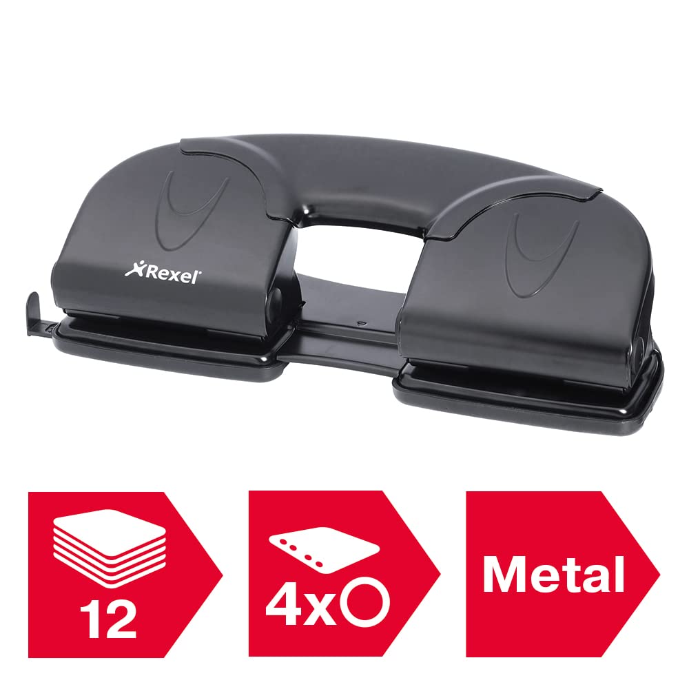 Rexel V412 4 Hole Punch, 12 Sheet Capacity, Adjustable Guide Bar, Metal, Black, 8309