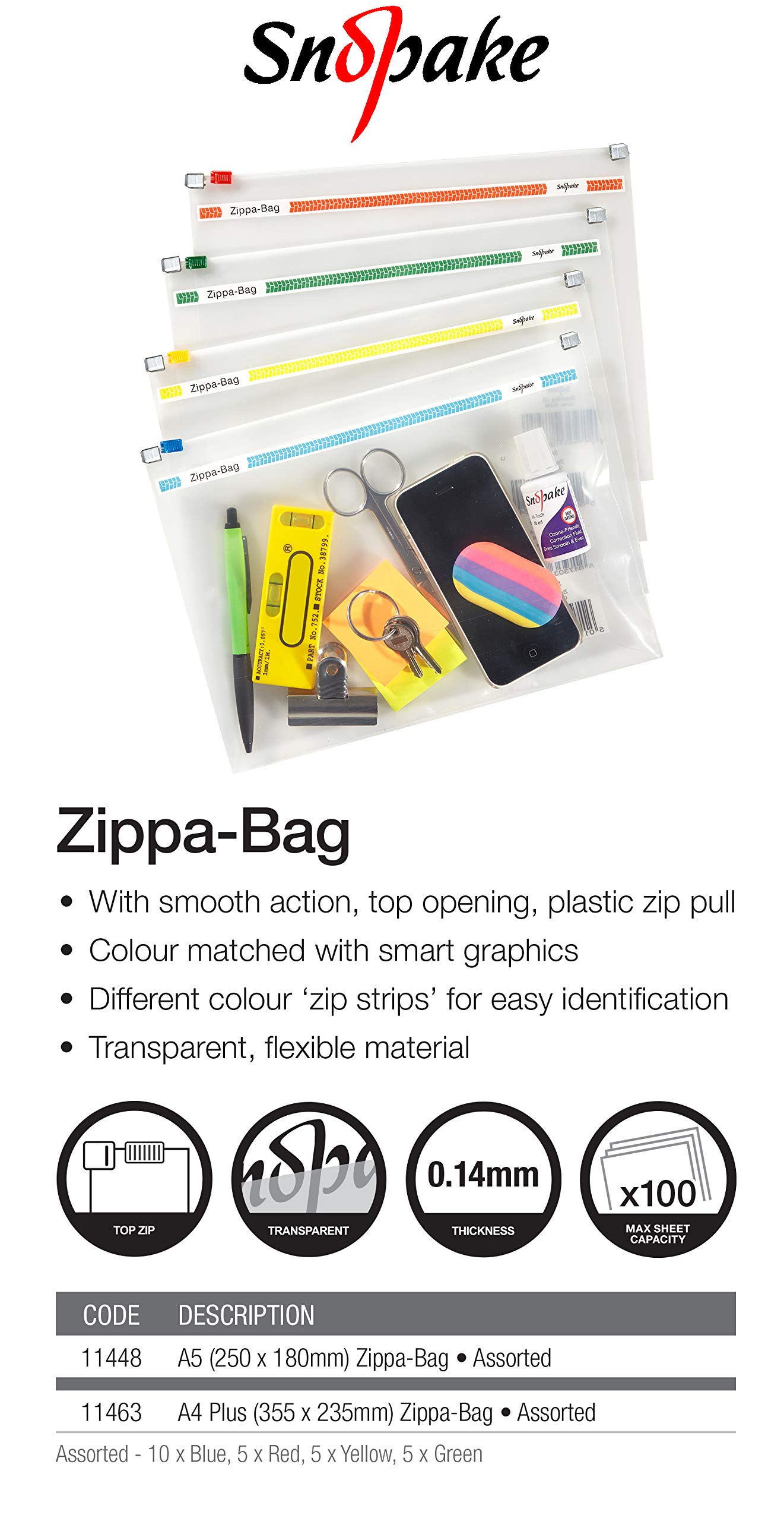 Snopake A5 250x180mm Zippa Bag with Tops - Transparent/Assorted (Pack of 25)