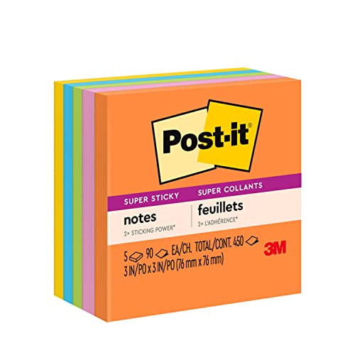 Post-it Super Sticky Notes, 3x3 in, 5 Pads, 2x the Sticking Power, Energy Boost Collection, Bright Colors, Recyclable (654-5SSUC)