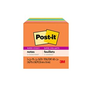 Post-it Super Sticky Notes, 3x3 in, 5 Pads, 2x the Sticking Power, Energy Boost Collection, Bright Colors, Recyclable (654-5SSUC)