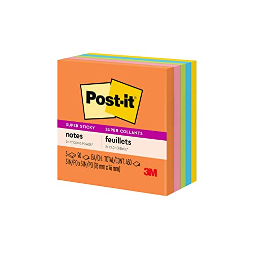 Post-it Super Sticky Notes, 3x3 in, 5 Pads, 2x the Sticking Power, Energy Boost Collection, Bright Colors, Recyclable (654-5SSUC)