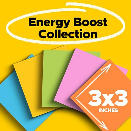 Post-it Super Sticky Notes, 3x3 in, 5 Pads, 2x the Sticking Power, Energy Boost Collection, Bright Colors, Recyclable (654-5SSUC)