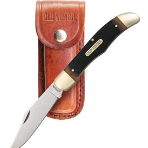 Old Timer 125OT Mustang 9.3in Traditional Folding Pocket Knife with 1 High Carbon Stainless Steel Blade, Ergonomic Sawcut Handle, and Leather Sheath for EDC, Hunting, Camping, Whittling, and Outdoors