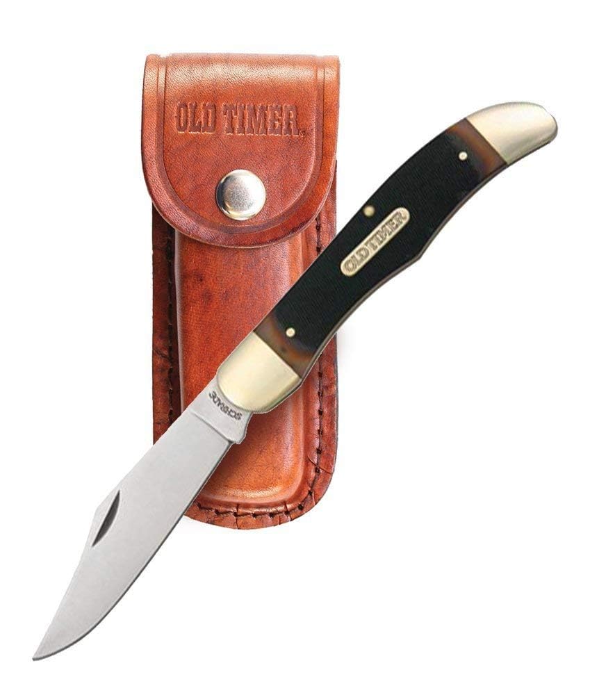 Old Timer 125OT Mustang 9.3in Traditional Folding Pocket Knife with 1 High Carbon Stainless Steel Blade, Ergonomic Sawcut Handle, and Leather Sheath for EDC, Hunting, Camping, Whittling, and Outdoors