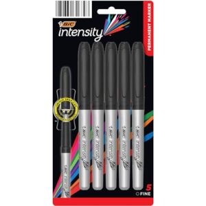 bic intensity black permanent markers, fine point, 5-count pack of black markers with non-slip grip for comfort and control