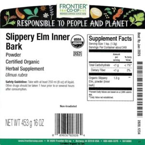 Frontier Herb Bulk Slippery Elm Bark Organic Powder Inner Bark, 1 Pound