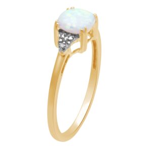 Jewelili October Birthstone Ring in 10K Yellow Gold with Cushion Cut Created Opal and Natural White Round Diamond Accent, Size 7