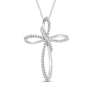 Jewelili Womens 10K White Gold with 1/5 Cttw Natural White Round Diamond Cross Necklace, 18" Rope Chain