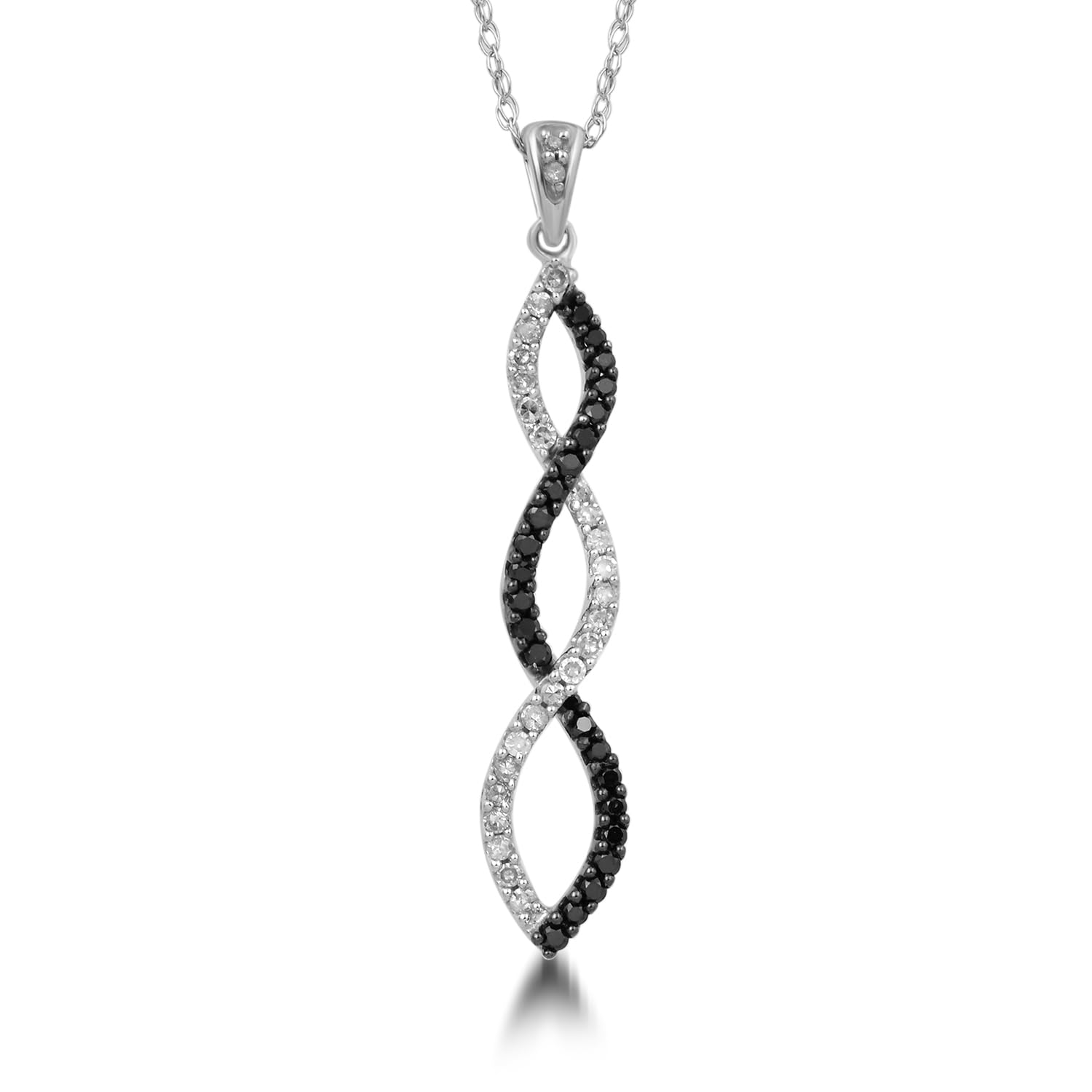 Jewelili 10k White Gold Twist Pendant Necklace with Round Black and White Diamonds, 1/4 cttw, 18" Rope Chain