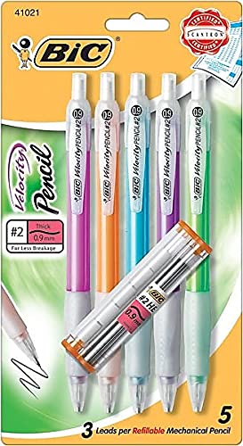 BIC Velocity Strong Lead Mechanical Pencils, With Colorful Barrel, Thick Point (0.9mm), 5-Count Pack Mechanical Pencils With Erasers