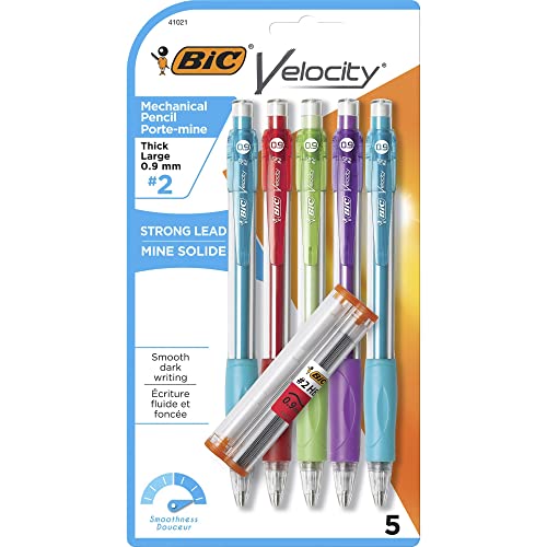 BIC Velocity Strong Lead Mechanical Pencils, With Colorful Barrel, Thick Point (0.9mm), 5-Count Pack Mechanical Pencils With Erasers